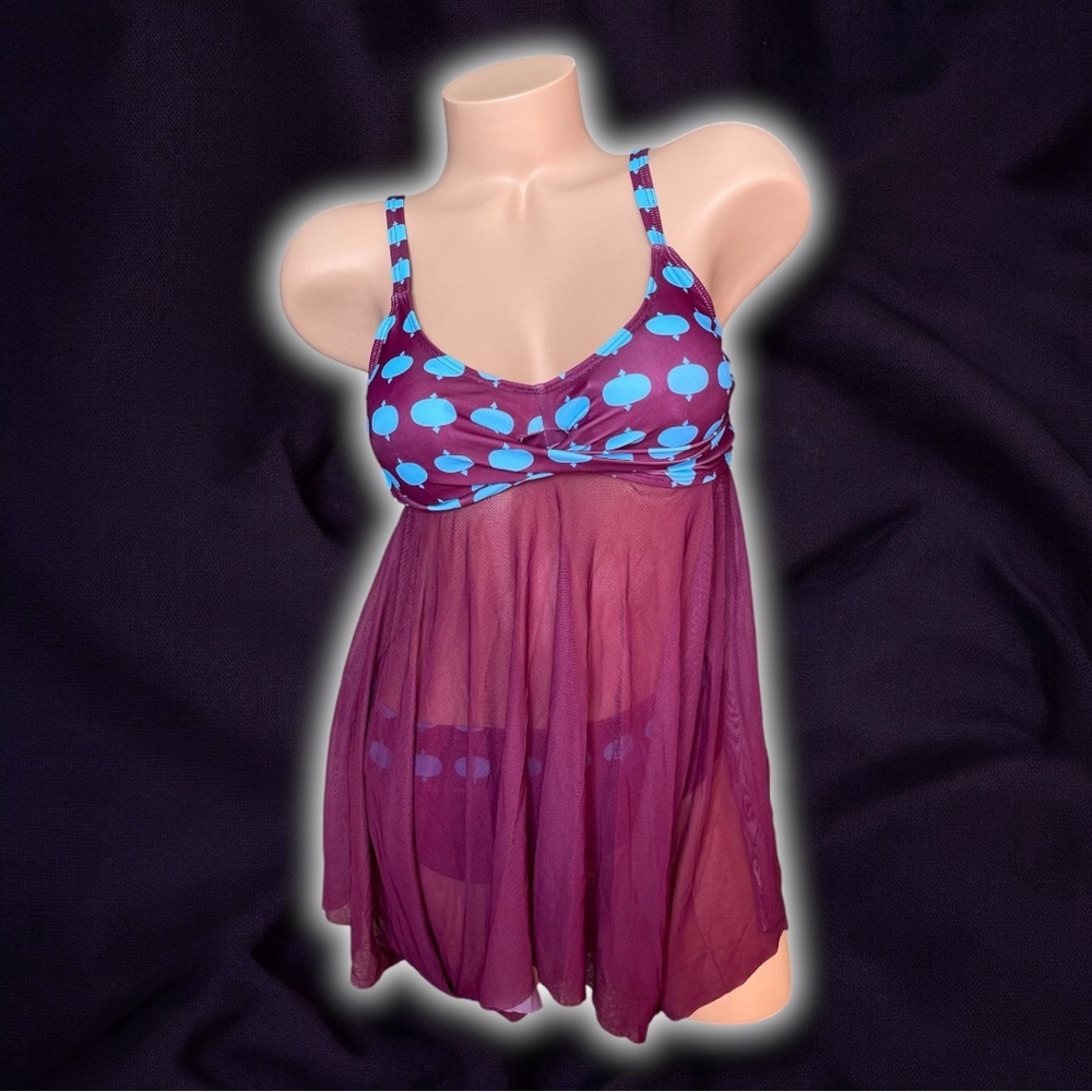 Magenta Blue Polka Dot Print Mesh Sheer Top Two-Piece Plus Size Tankini Swimsuit - Picture 4 of 9